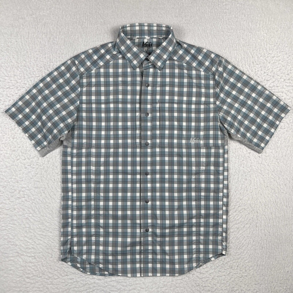 REI Shirt Mens Small Blue Gray Plaid Outdoors Hiking‎ Camping Travel Fishing Dad